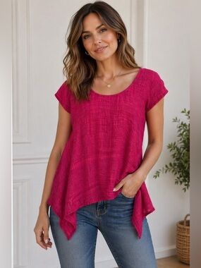 Hot Pink Sharkbite Hem Top Boho Flowy Festival Beach Medium